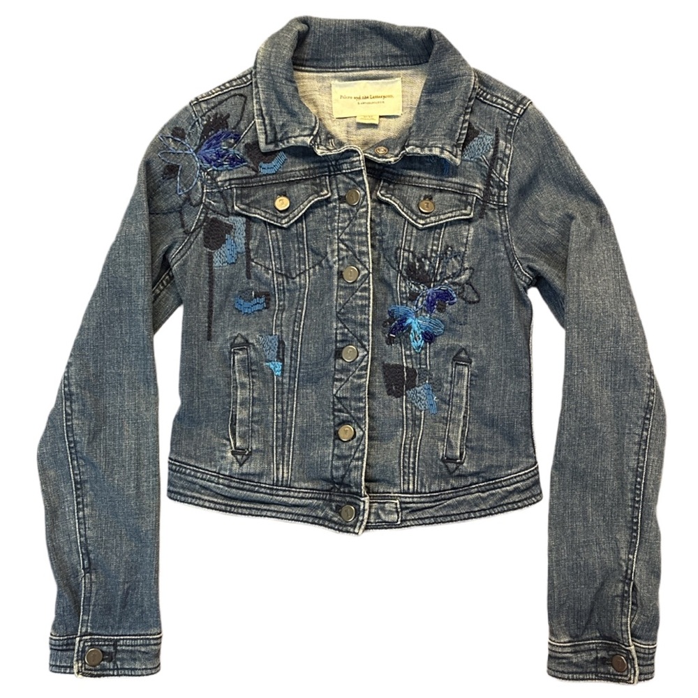 ANTHROPOLOGIE pilco & the letterpress women's floral beaded jean jacket, XS.
